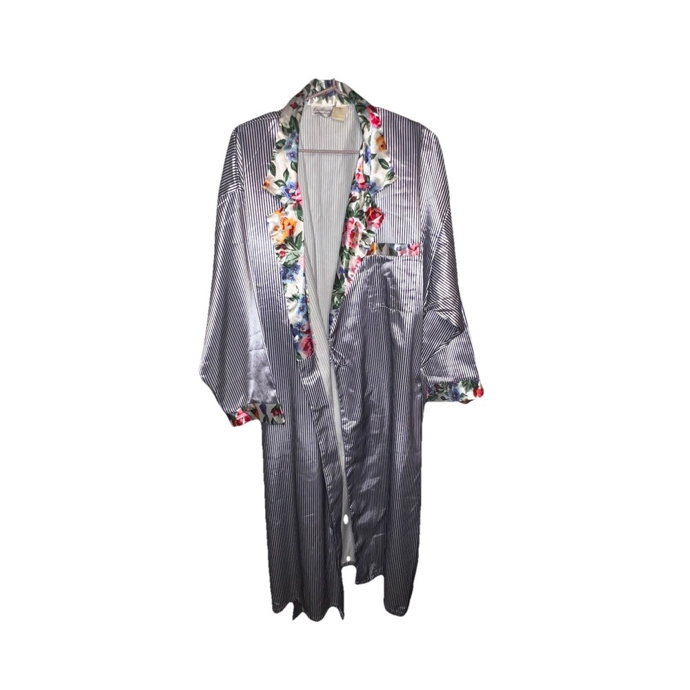 Kathryn Glossy Satin Blue White Stripe Floral Cottagecore Pocket Tie Robe L